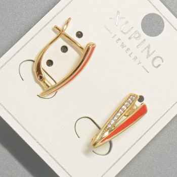 Обеци Xuping с бели кристали и червена емал, диаметър 6×18 мм, позлата 18K