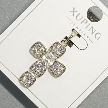 Кулон «Кръст» Xuping с бял кристал и стрази, диаметър 18×24 мм, дължина около 32 мм, родиево покритие