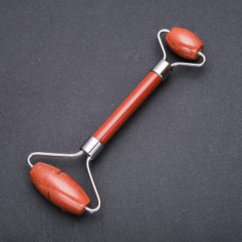 Масажор от камък авантюрин златен пясък двустранен, дължина 14,5 см, сребрист метал