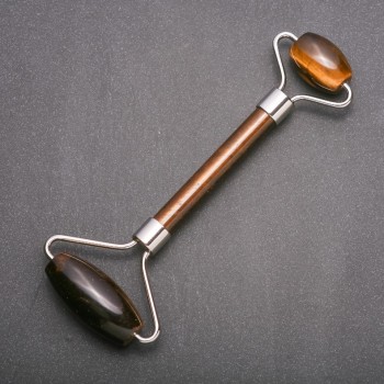 Масажор от естествен камък тигрово око, дължина 14 см, сребрист метал