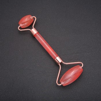 Роликов масажор от халцедон, златист метал, дължина 14,5 мм