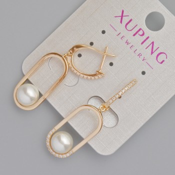 Сережки Xuping с бели стрази и майорка мъниста, диаметър 24×11 мм ±, дължина 40 мм ±, позлатяване 18K