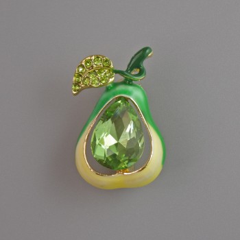 Брошка Круша, зелена емал, кристали и стрази, златист метал 25х17мм