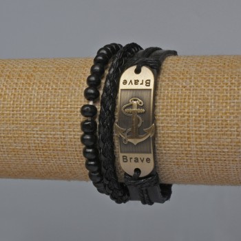 Мъжки гривни комплект от 3 броя екокожа, черен цвят (регулиращ шнур и ластик)