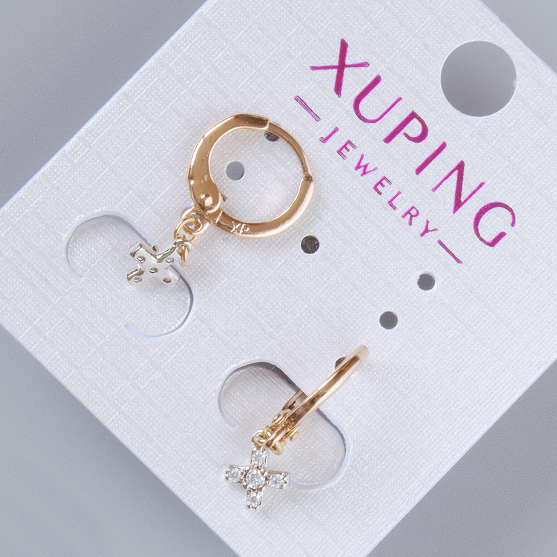 Овеци «Кръст» Xuping с бели кристали, диаметър 7,5×6 мм, дължина 23 мм, позлата 18К