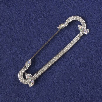 Брошка-игла с бели кристали и розов хамелеон, сребърен метал 69×19мм+