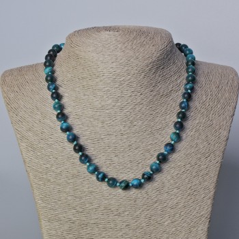 Колие лазурно котешко око от естествен камък, гладка мъниста, диаметър 8 мм, дължина 45–48 см