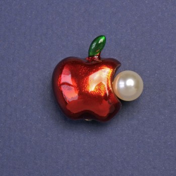 Брошка Ябълка с перла червена емал златист метал 22х24 мм+