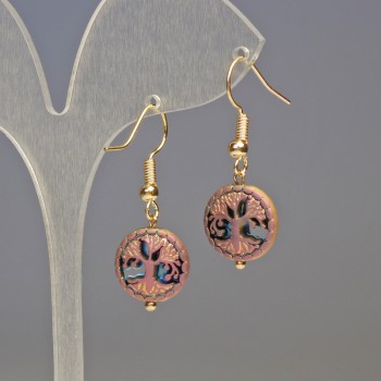 Обеци от хематит и дърво многоцветни, диаметър 12×4 мм ±, дължина около 3,2 см