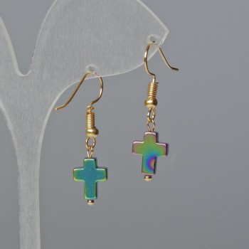 Обеци от гематит „Кръст“ с хамелеонов цвят, диаметър 8, 5х10, 5х3 мм+-, дължина 3 см+-