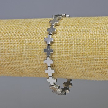 Браслет от хематит «Кръст» със сребрист цвят, диаметър 8x8x3 мм ±, дължина 18 см ±, еластична основа