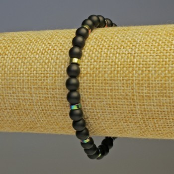 Гривна от шунгит с гладка мъниста, диаметър около 6 мм ±, райдужен гематит шайба, диаметър 5×2 мм, дължина 18 см, еластична основа