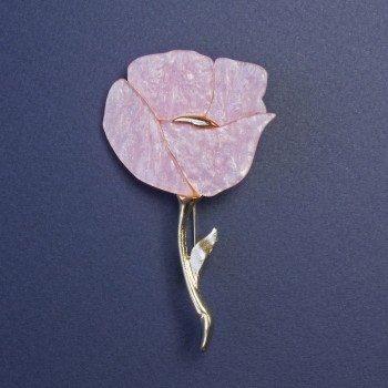 Брошка Мак розово-перламутрова с блестящи кристали, златист метал 76×46 мм+