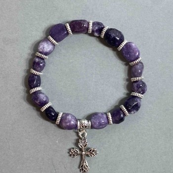 Браслет от естествен лепидолит, огранени мъниста, диаметр 9×11 мм, дължина 18 см, еластична основа