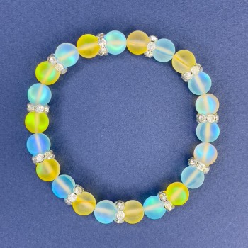 Браслет от опаловото стъкло синьо-жълт, гладка бусина, диаметър 8 мм, дължина 18 см ± стреч
