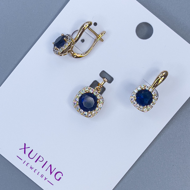 Комплект Xuping: Кулон и обеци с бели кристали и син кристал, позлата 18K
