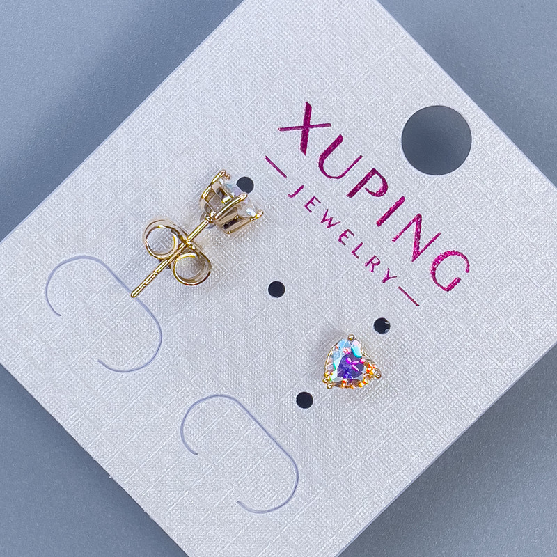 Сережки пусети Xuping — Сърце с райдужен камък 6 мм, позлатени 18К