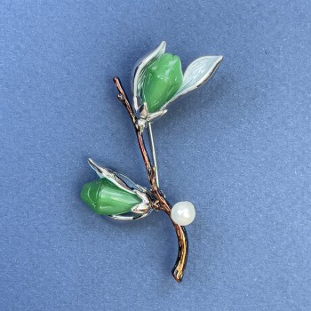 Брошка клонка с цветче и перла, сиво-кафяв метал 48х59мм+