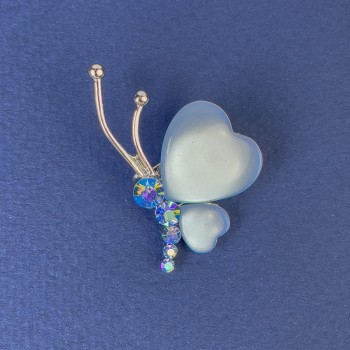 Брошка Пеперуда, диаметър 34×21 мм ± светлосин котешко око, кристали, сребрист метален корпус