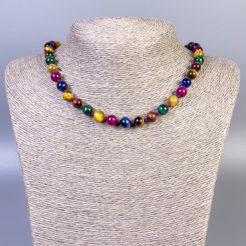 Намисто от тигрово око, котешко око и биково око, гладко мънисто, диаметър около 8 мм, дължина около 45 см, с закопчалка