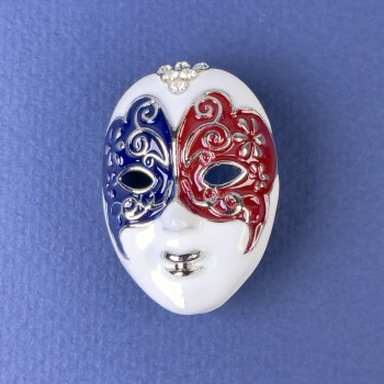 Брошка Маска бяла черна бордова емал бели кристали сребрист метал 27×39 мм+