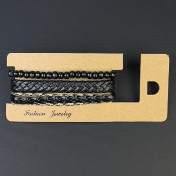 Тройна гривна от еко кожа с регулиране, дължина 18–24 см ±, мъниста 6 мм ±, дължина около 18 см на еластична лента