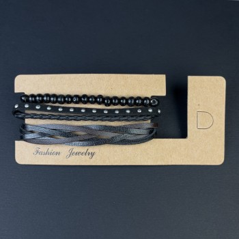 Тройна гривна от еко кожа с механизъм за затягане, дължина 18–24 см ±, мъниста 6 мм ±