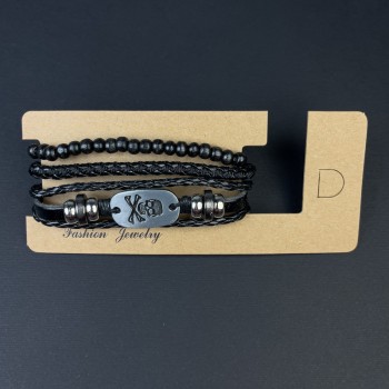 Тройна гривна от еко кожа с метални вложки, регулируемо затягане, дължина 18-24 см, черна