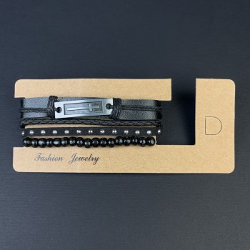 Тройна гривна от еко кожа с вставка «Кръст» на регулируема закопчалка, дължина 18–24 см, черна