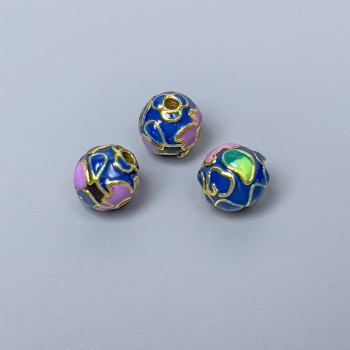 Клуазоне мъниста синя, лилаво-зелена емал, диаметър 8 мм, отвор 1,5 мм, златист цвят метал, 1 бр