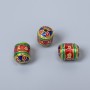 Фурнитура мъниста Клуазоне цилиндър синя, червена и зелена емал, диаметър 8×10 мм ± отвор, диаметър 1 мм златист цвят на метала 1 бр