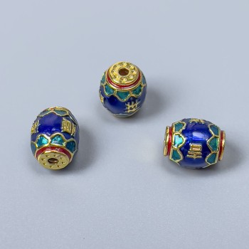 Мъниста Клуазоне барило със синя, зелена и червена емал, диаметър 8×10 мм, отвор около 1,5 мм, златист цвят на метала, 1 бр.