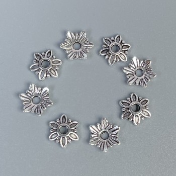 Фурнитура капачка за мъниста, метален цвят: сребърен, диаметър 7×1 мм ±, отвор 1,5 мм ±, фасовка 80 бр