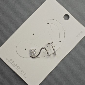 Ушна обица-каф от сребрист метал със бели стрази 16×28 мм