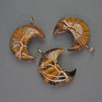 Кулон Луна от тигрово око в златисто оплитане, диаметър 35 мм+-, дължина 45 мм+-