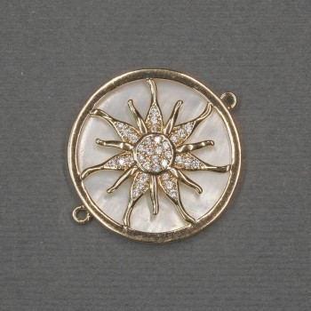 Конектор Слънце с естествен перламутър 25х30х3мм+- златист метал