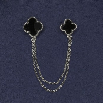 Брошка за кардигани с черна емал, диаметър 22 мм ±, диаметър 18 мм ±, сребърен метален синджир, дължина около 12 см ±