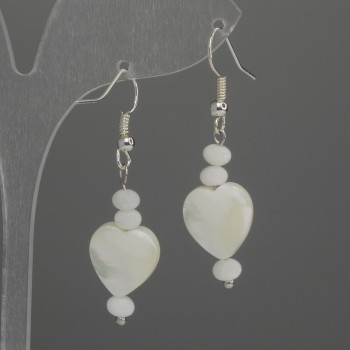 Обици с перламутрови сърца 12 мм +- рондел 5х3 мм+-, дължина 45 мм+-