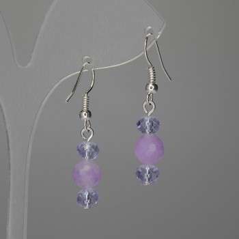 Обеци с кунцит и чешки кристал – гранована топка 8 мм + рондел 6×5 мм, дължина 37 мм