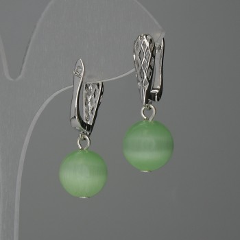 Обeци от камък котешко око, мъниста 12 мм ± зелен цвят, дължина 31 мм