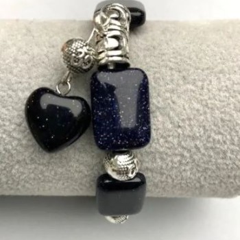 Браслет авантюрин «Нощ Каира» правоъгълни камъни 18×13 мм ± с метални вложки, дължина 18 см ± еластична лента