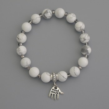 Гривна от каолонг мъниста, диаметър 8 мм ±, чешки кристал рондели 3,5×3 мм ±, дължина 18 см ±, еластична основа