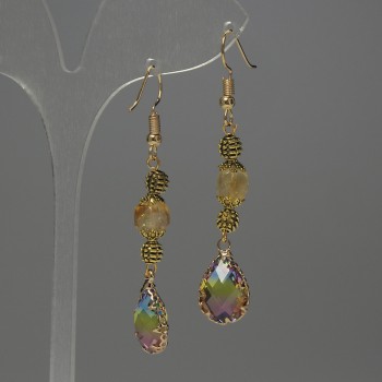 Обеци със цитрин гранен кубик, диаметър 7 мм ±, кристал в обков 14×10 мм ±, дължина 58 мм ±