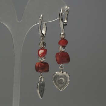 Обици с корал и метални вложки, дължина 57 мм +