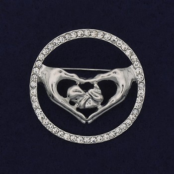 Брошка Сърце със бели стрази и сребрист метал 38 мм+