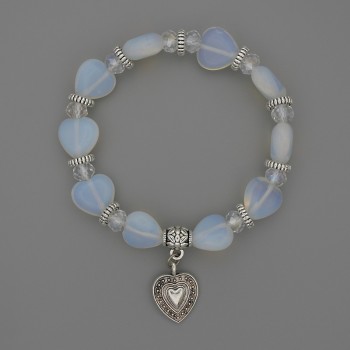 Гривна от лунен камък с форми на сърца, диаметър около 12×12 мм ±, с метални вложки, дължина 18 см, еластична основа