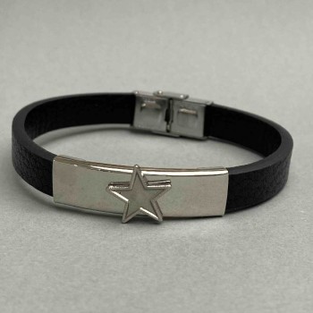 Черна мъжка гривна с метални вложки, закопчалка, дължина 21 см+