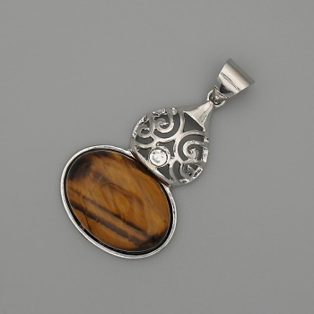 Кулон кабошон от тигрово око 50×28 мм – сребрист метал