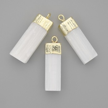 Кулон минерален селенит необработен 32×12 мм, дължина 36 мм, златист метал