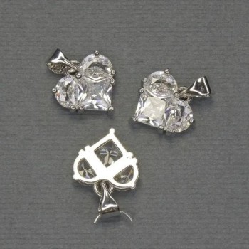 Висулка Сърце със бели кристали, сребърен метал, диаметър 10×12 мм, дължина 17 мм